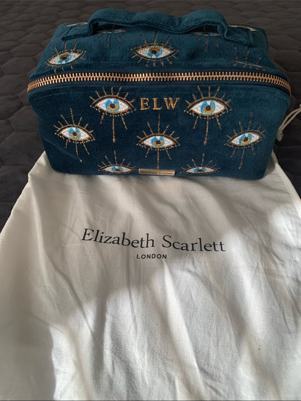 Elizabeth Scarlett Teal Velvet Embroidered Evil Eye Cosmetic Bag